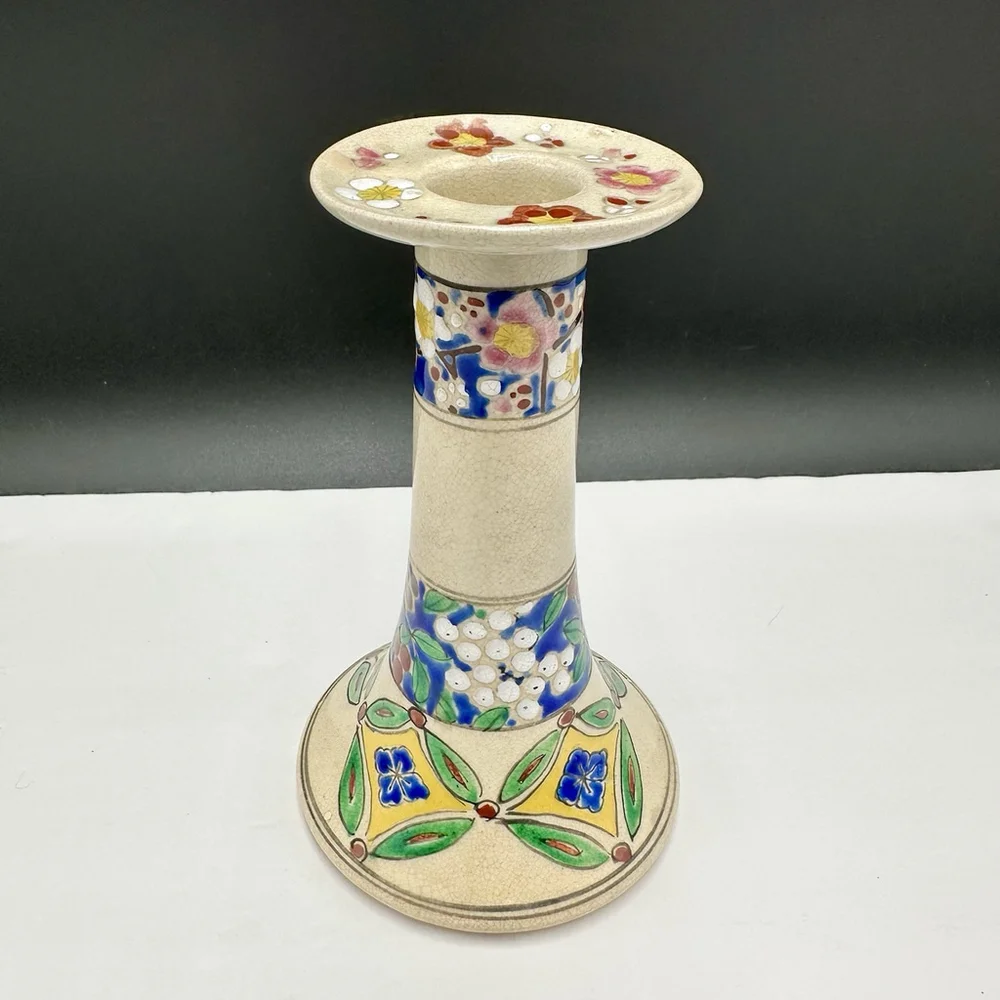 Boho Hand Painted Candlestick Holder 6” Japan Flowers Glazed Ceramic